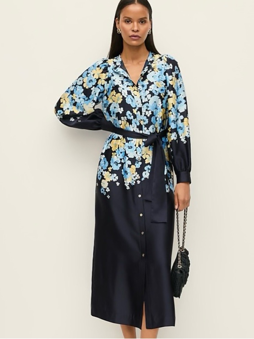 Ann Taylor Navy Floral Satin Button-Front Midi Dress with Blue and Cream Blooms